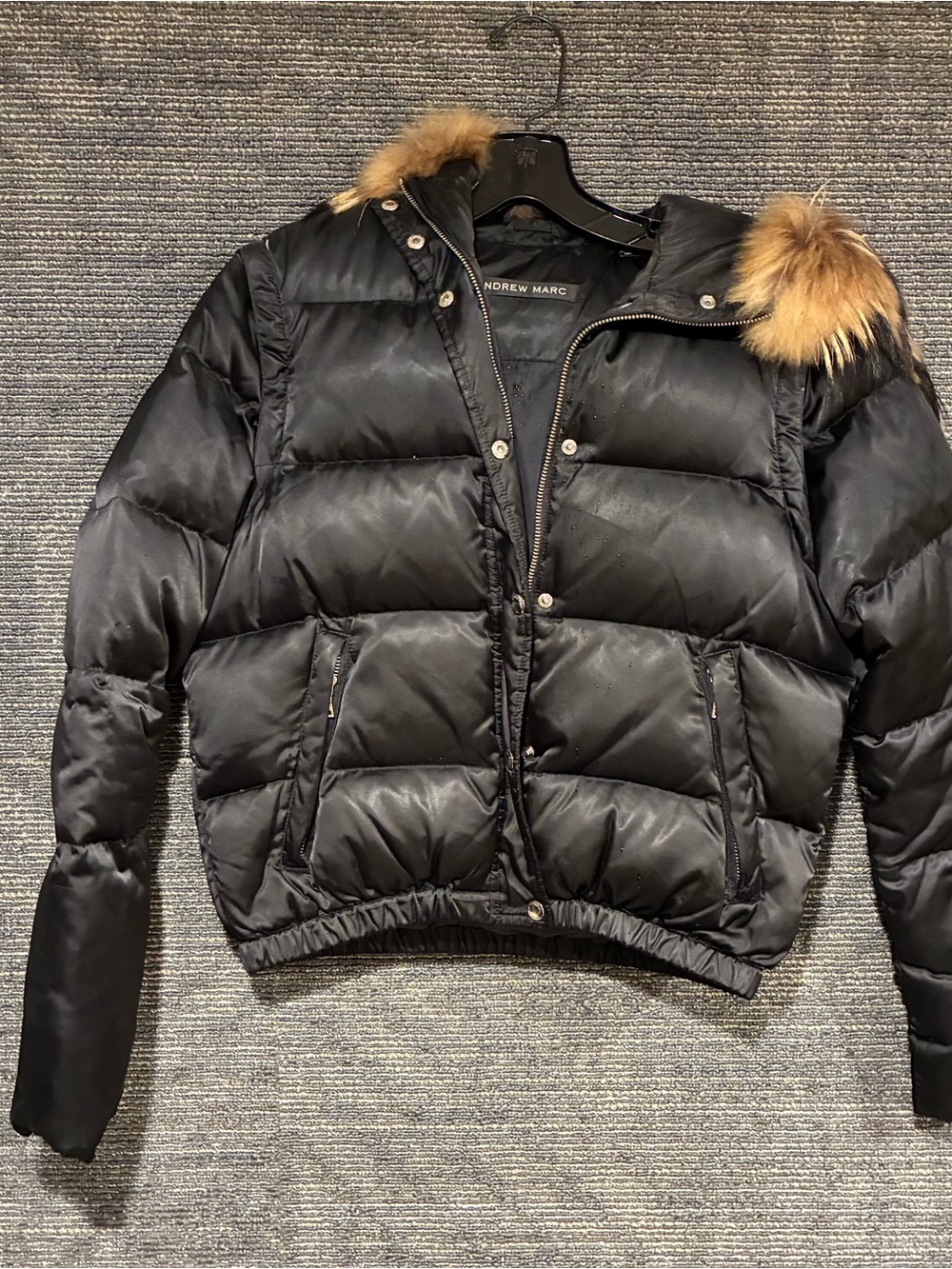 Andrew Marc Black Quilted Puffer Jacket Fur-Trim Hood Sz S Removable sleeves
